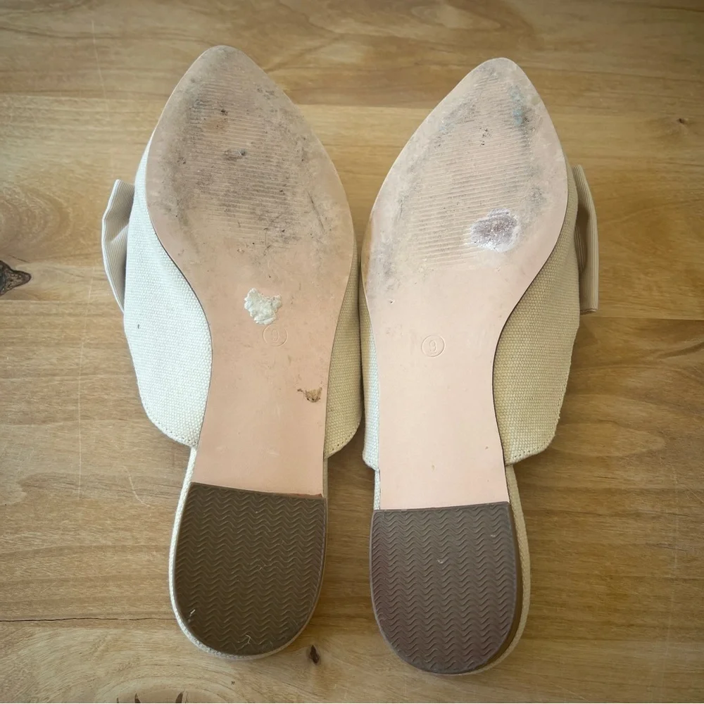 SOLD RILISTA MULES SLIP ON POINTED TOE LARGE BOW LIGHT KHAKI FABRIC UPPER 9 - Picture 10 of 10